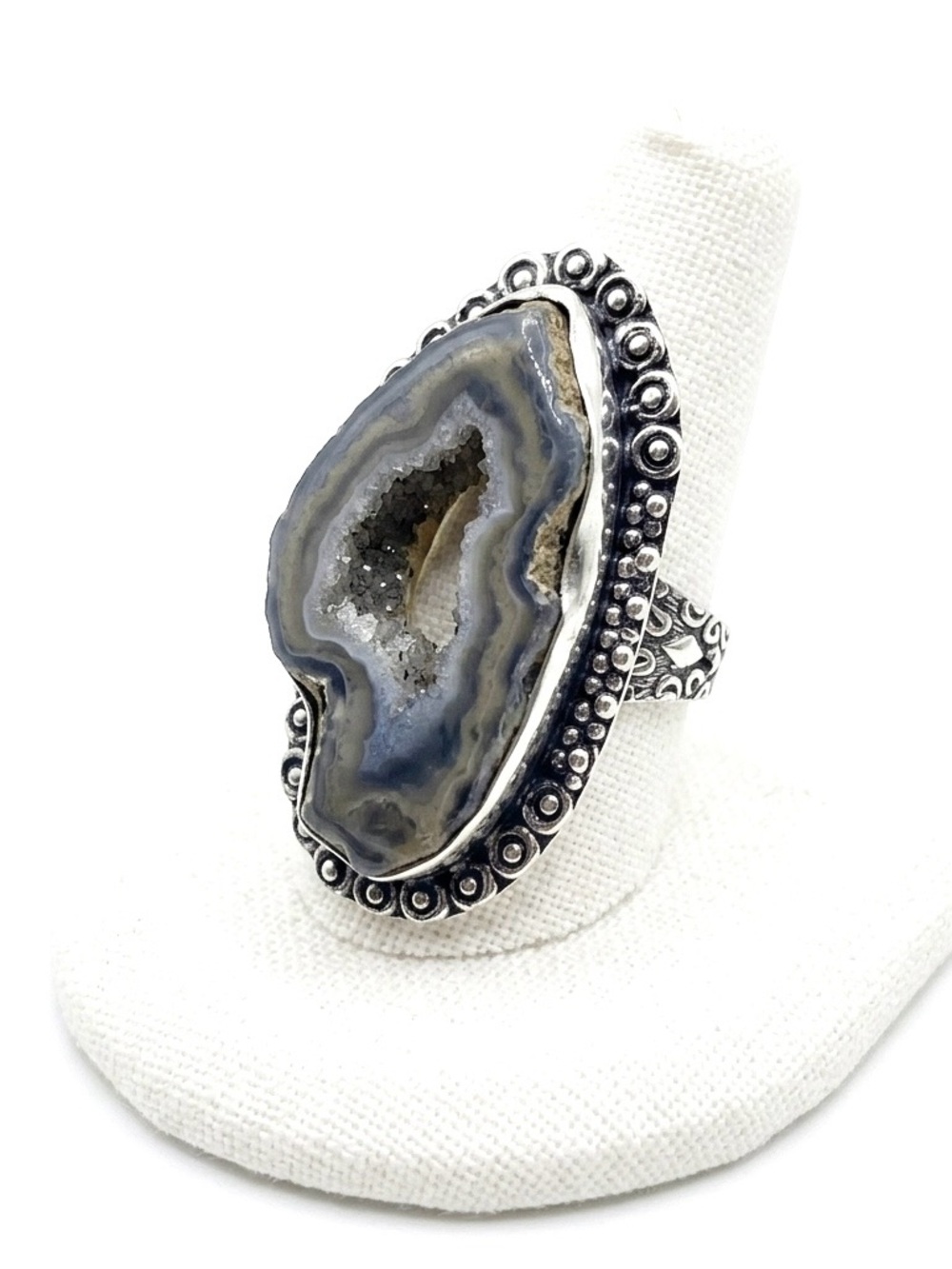 New Artisan Rare Natural Undyed Agate 925 Sterling Silver Oblong Octopus Ring